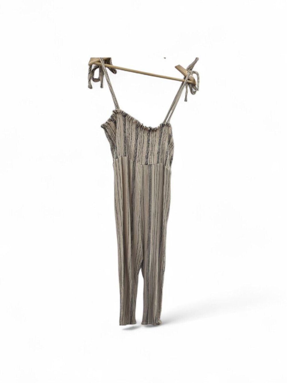 Hatch Neutral Striped Tie-Shoulder Jumpsuit